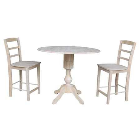 International Concepts Round 42 in Rd Ped Gathering Ht Table, 2 Stools, Unfinished, Ready to Finish, 42 in W, 42 in L, Wood K-42DPT-11-S402-2